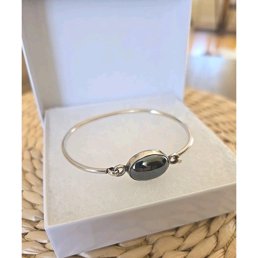 VTG Sterling Silver Gray Topaz Cabachon Hooked Cuff Bracelet Handmade Mexico